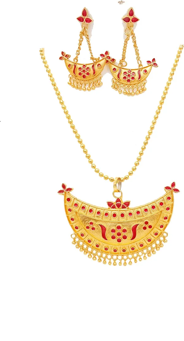 Assamese_Traditional_Gold_Plated_Red_Colour_Joonbiri_Chain_Jewellery_Set_For_Women_&_Girls